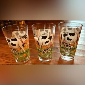 KMC Jersey Cow w/Calf Drinking Glasses w/gold rim, Set of 3, EUC